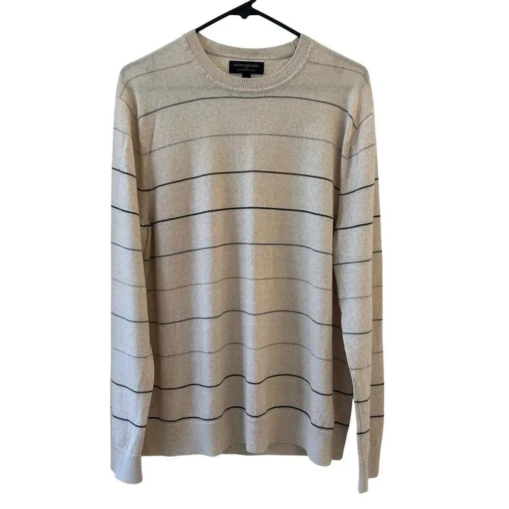 Banana Republic Men’s XL 100% Merino Wool Striped Crewneck Sweater Ivory Gray